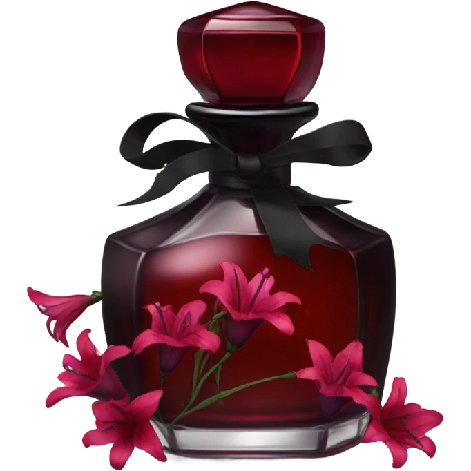 Dark red gothic perfume bottle with red bellflowers and a black ribbon emoji