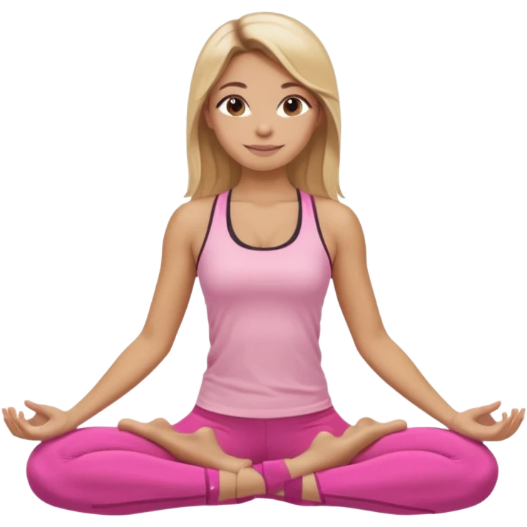 Mujer color de piel moreno clara, con cabello balayage rubio con castaño suelto y lacio y largo usando un top rosa deportivo y leggins deportivo rosa en una pose de yoga sentada, viendo hacia enfrente con ojos negros y sonriendo sin mostrar los dientes emoji