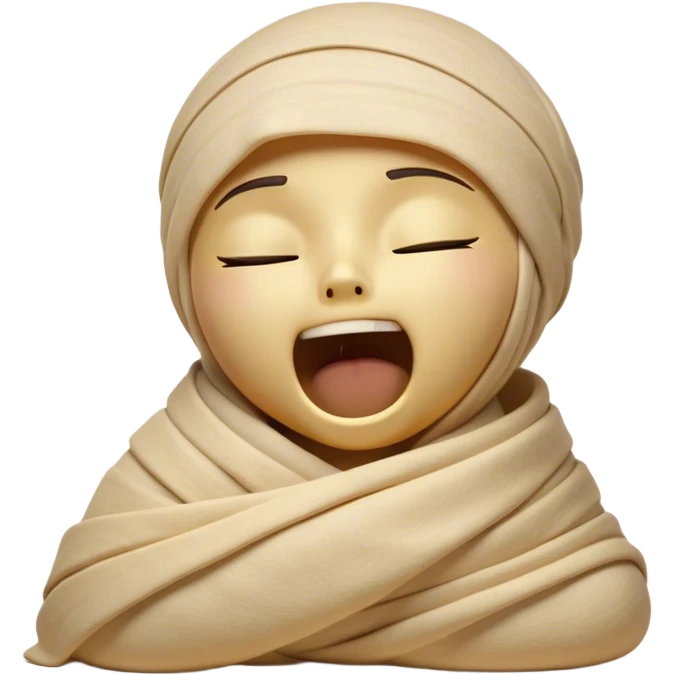 Cinematic Cute Yawning Mummy Portrait Emoji, with a snug, slightly askew bandaged form in warm, faded tones with gentle golden accents, head tilted back in a big, sleepy yawn revealing cute hints of ancient charm, simplified yet adorably detailed, glowing with a soft, nostalgic radiance and a gentle outline that captures a mummy’s tender need for rest! emoji