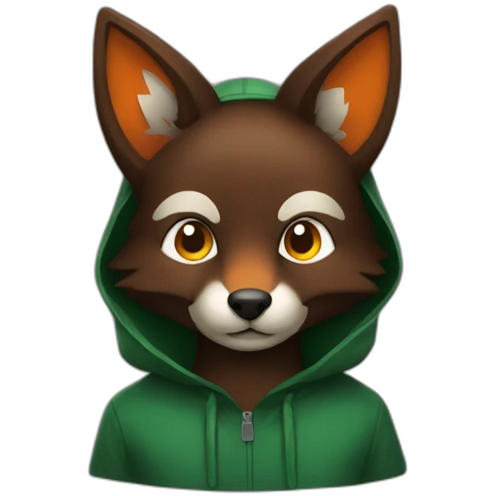 a small dark brown fox with orange eyes with a dark green hood that smile emoji