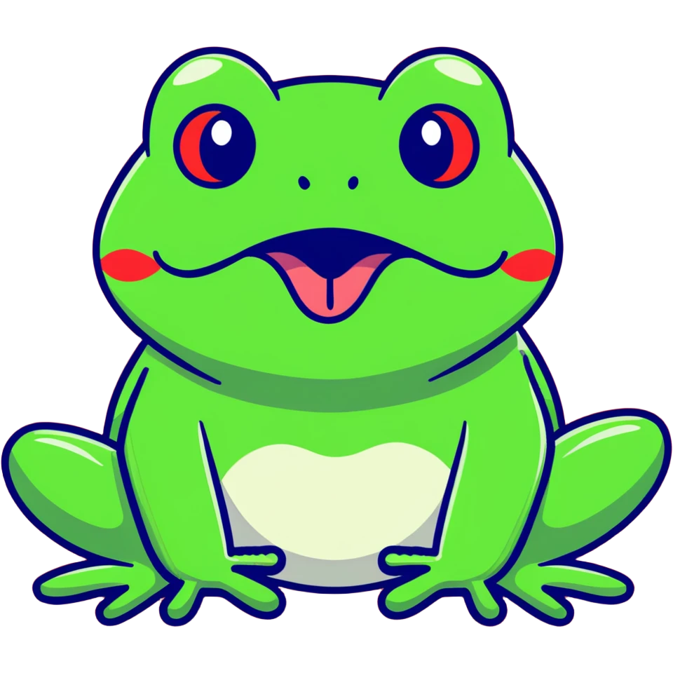 Exaggerated cartoony green frog with big bulging cross-eyes and long tongue sticking out, comic-style with silly expression emoji