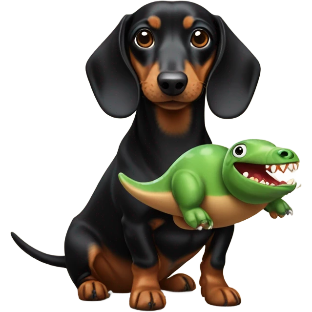 Black and tan dachshund with a small Dino toy in its mouth emoji