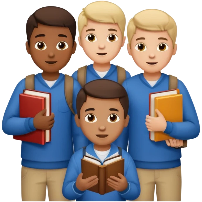 generate a group of 3 boys, all different looking.Holding books. one of them calling on a mobile emoji
