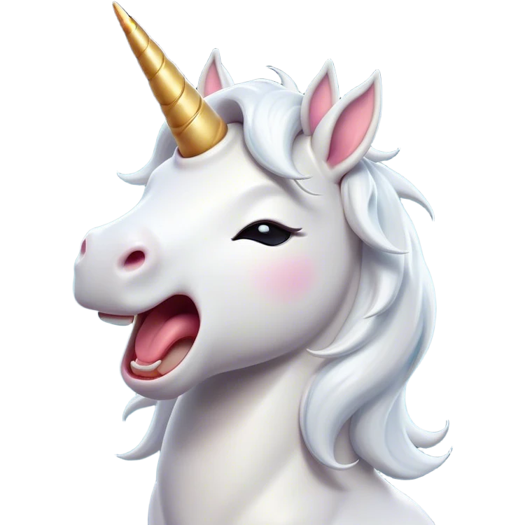 Cinematic Cute Yawning White Unicorn Portrait Emoji, Head tilted slightly with a dramatic, wide-open yawn, showcasing a softly elegant form with a gently cascading mane, a subtly glowing horn and sleepy, half-closed eyes, Simplified yet irresistibly adorable features, highly detailed, glowing with a soft, cozy magical glow, high shine, relaxed yet expressive, stylized with a dash of whimsical enchantment, soft glowing outline, capturing the essence of a drowsy yet affectionate white unicorn that appears ready to stretch and yawn its way out of the screen! emoji
