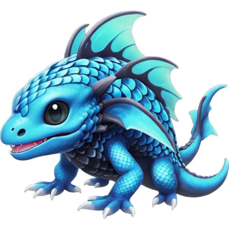 Multicolored dark shiny bioluminescent glowing black and cyan and blue gloomy spooky cute adorable scales-covered pretty cool elegant realistic abyssal exotic Fakémon-Pokémon-Trico-creature, full body emoji
