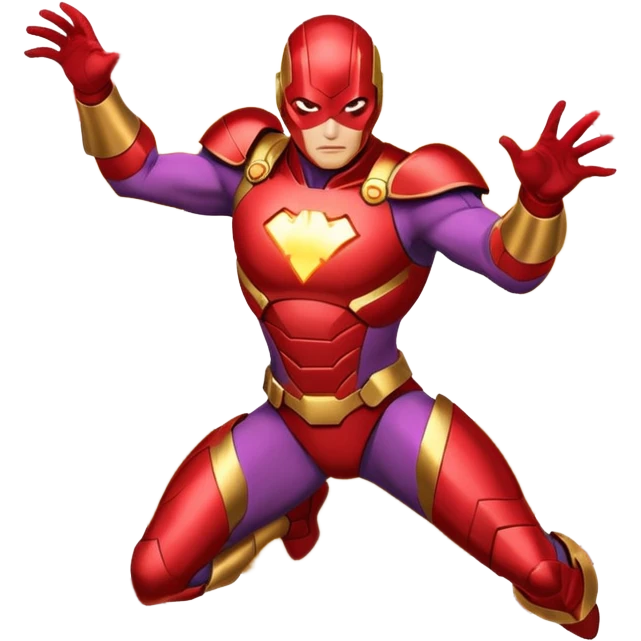 "A high-quality die-cut sticker of a tech-based armored superhero in a dynamic flying pose. Vibrant red and gold metallic plating, glowing circular chest piece, thick white border, flat vector art style, white background." emoji