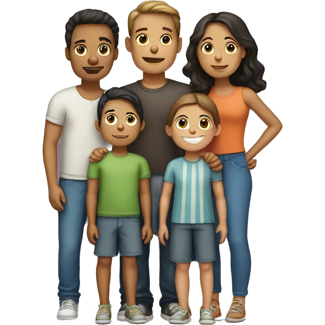 Familia de 6, 4 niños una mujer y un hombre dos gatos y un perro emoji