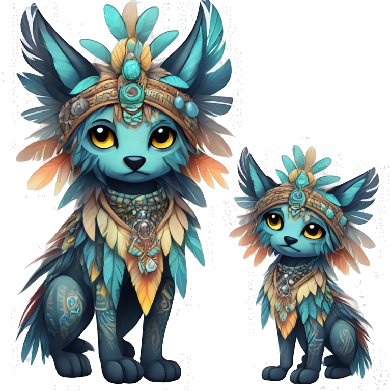 cute edgy ethereal shy epic tribal fantasy animal fursona Fionbri creature by griffsnuff & LiLaiRa & Falvie with exotic colors with intricate patterns and feathers and headdress and necklace full body emoji