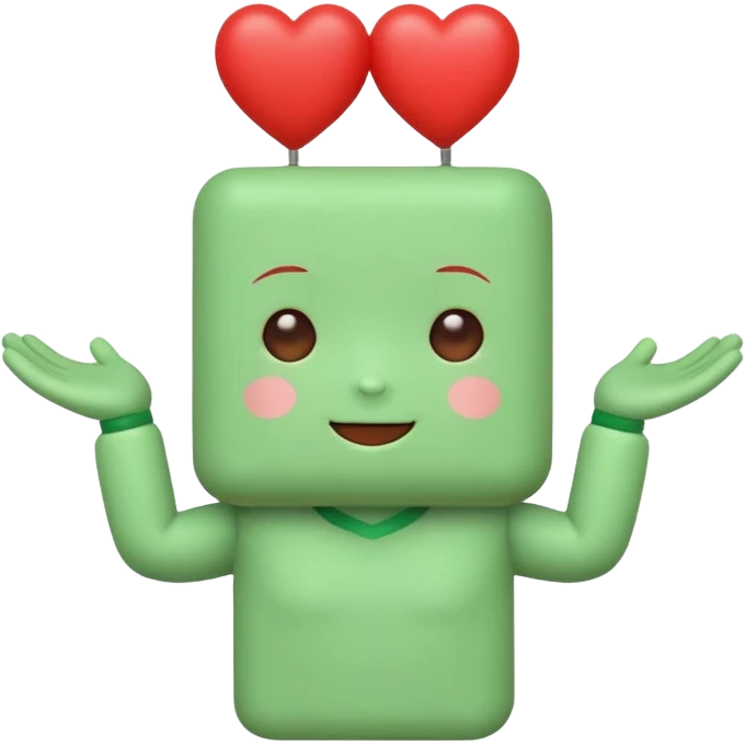 A cute green block-headed mascot with a happy face and blush, wearing “FGH” on its chest. It holds a shiny red heart in one hand. Chibi style, soft glow outline, cheerful and friendly. emoji