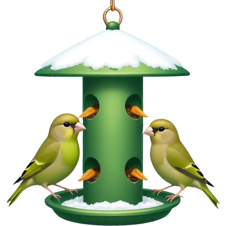 3 Green finch feeding on a bird feeder in the snow emoji
