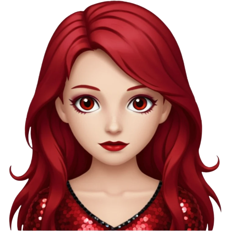 Chappell Roan (b.1998) with long dark red hair, red sequin outfit, makeup emoji