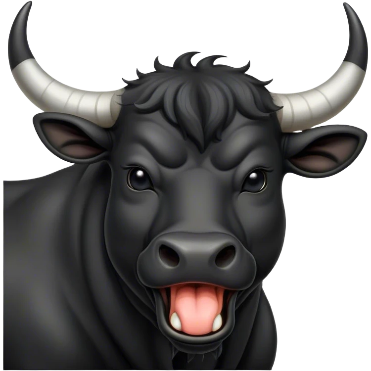 Cinematic Cute Yawning Black Bull Portrait Emoji, Head tilted slightly with a dramatic, wide-open yawn, showcasing a smooth, pure black hide with a subtle texture, floppy ears slightly drooping, round dark eyes barely open in drowsy contentment, Simplified yet irresistibly adorable features, highly detailed, glowing with a soft, cozy glow, high shine, relaxed yet expressive, stylized with a touch of rugged whimsy, bright and endearing, soft glowing outline, capturing the essence of a sleepy yet affectionate guardian, so drowsy it feels like it could charge right out of the screen and curl up for a nap! emoji