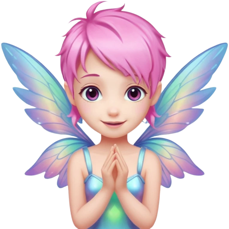 A tiny pastel fairy with pink hair with glowing wings and a sweet smile  emoji