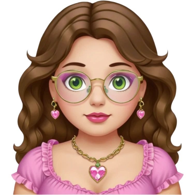 Girl girl with middle parted long wavy brown hair. green gold eyes. Plus size. pink frilly top. gold nose ring. pink heart crystal necklace. Gold rimmed glasses emoji
