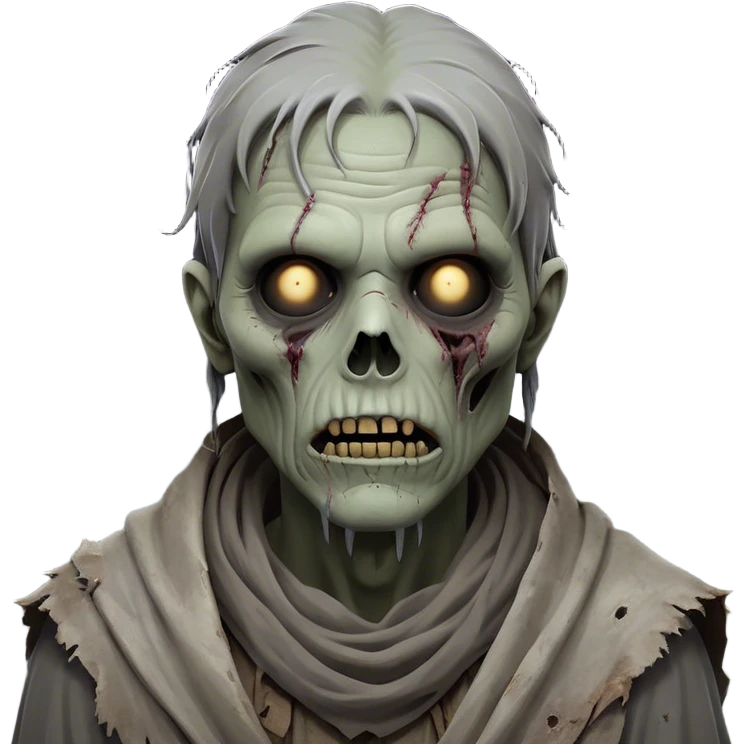Cinematic Noble Zombie Portrait Emoji, Surprisingly dignified and somber, with a decaying yet strangely regal visage in ashen grays and muted tones, draped in tattered attire hinting at a lost grandeur, simplified yet meticulously detailed, glowing with a soft, eerie radiance and a gentle outline that evokes the tragic nobility of the undead! emoji