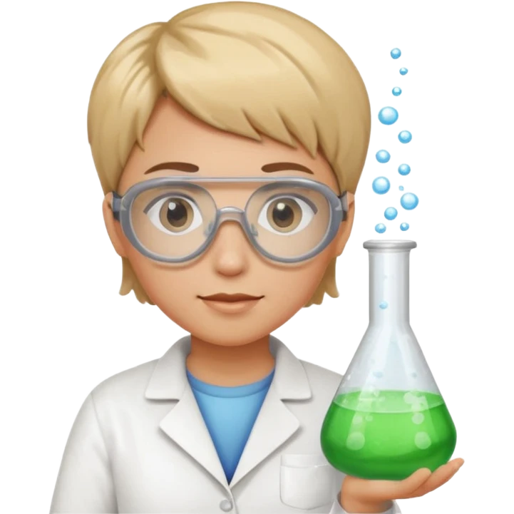 chemist person with very short hair and safety goggles holding a beaker with bubbling liquid emoji