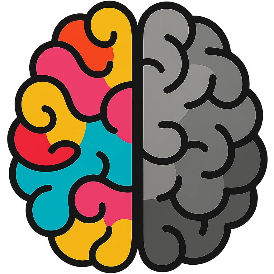 flat toon style split brain, left side vibrant, right side grayscale emoji