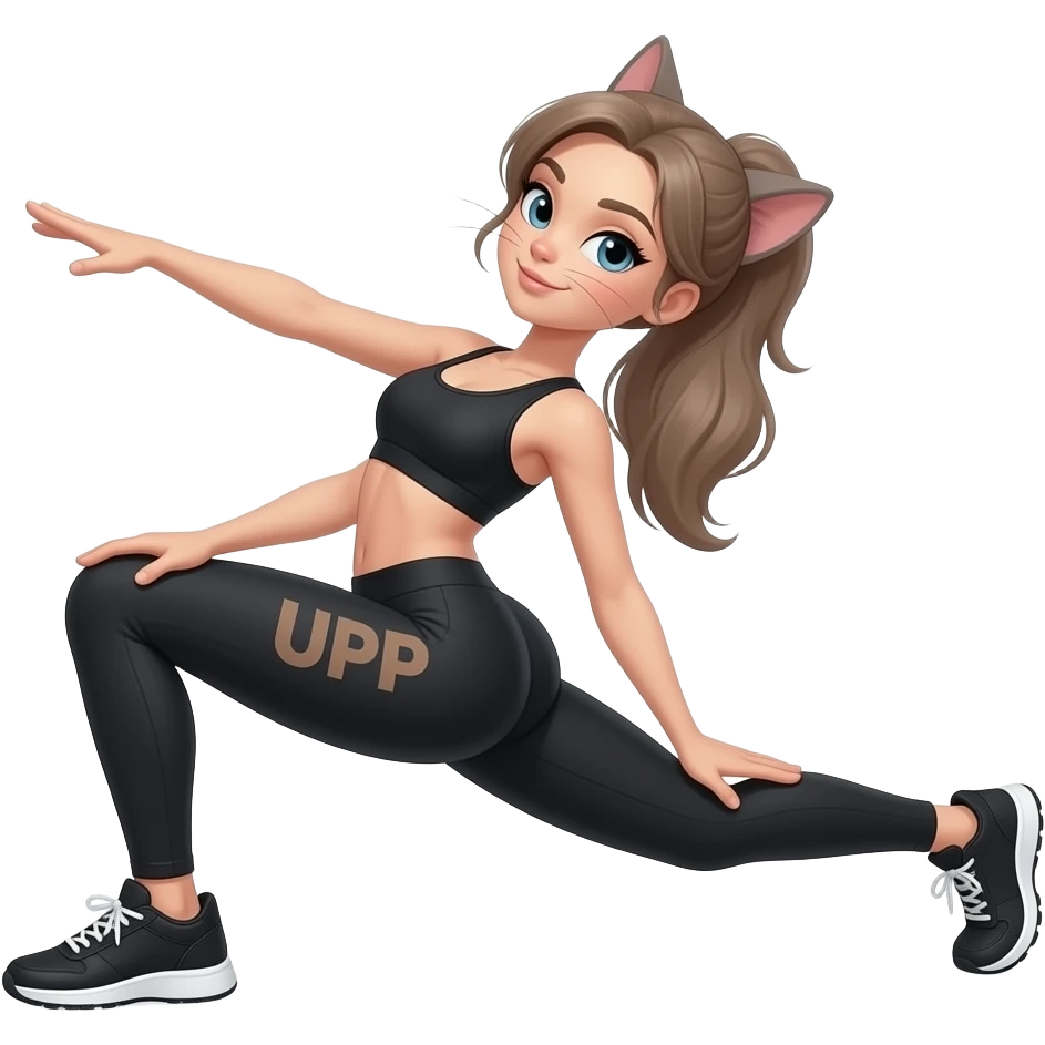 cat-cow-stretch,-fair-skinned-woman,-light-gray-blue-eyes,-ash-brown-brows,-ash-light-brown-hair-tied-back,-slim-athletic-body,-black-workout-set,-black-sneakers-with-white-soles with "UPP" written on thigh emoji