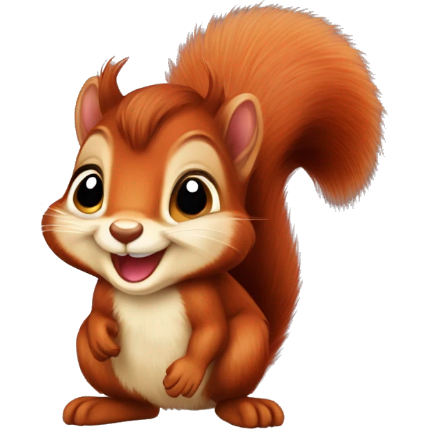 Cute baby red squirrel face smiling with bushy tail, whole squirrel emoji