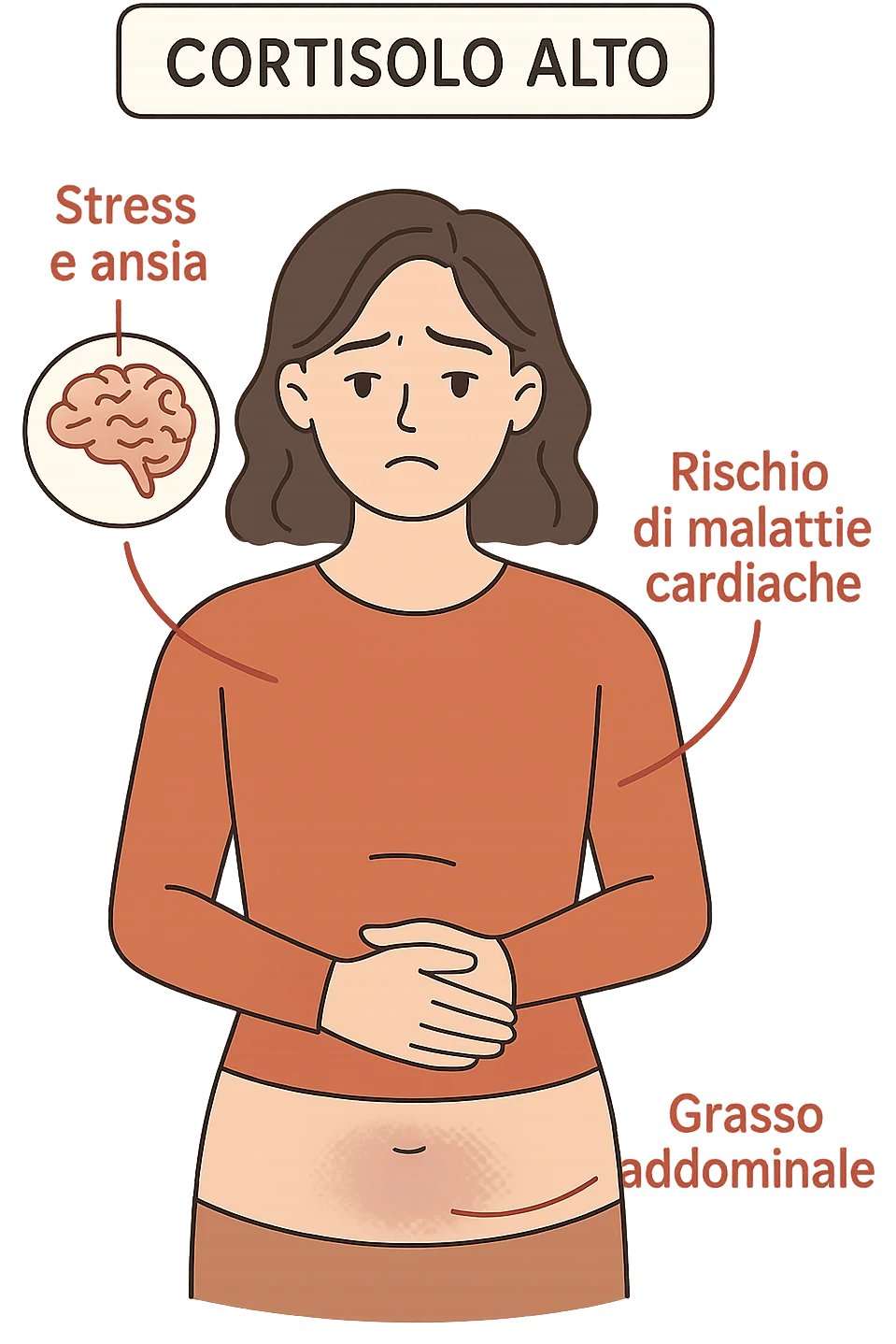 donna con Cortisolo alto con freccie che indicano. In italiano emoji