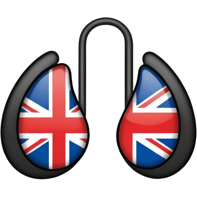 Minimalistic flat vector icon, iOS style, thin black contour on white background. Ear icon with sound waves and small UK/USA flag symbol. Clean, no text, no shadows emoji