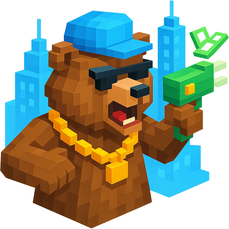 Russian grizzly bear in a rapper pose, wearing a chain and holding a money gun, with a city background emoji