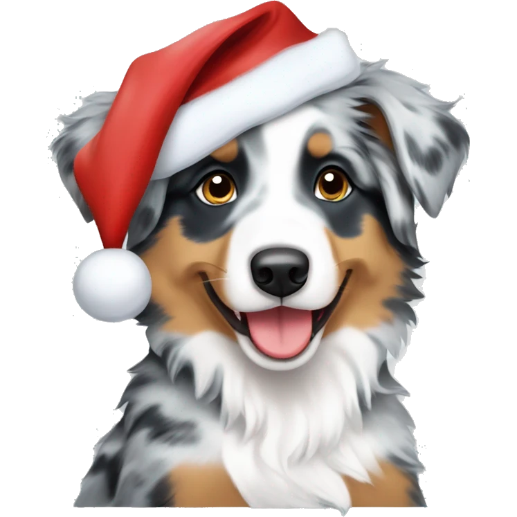 a blue merle australian shepherd puppy in a santa hat emoji