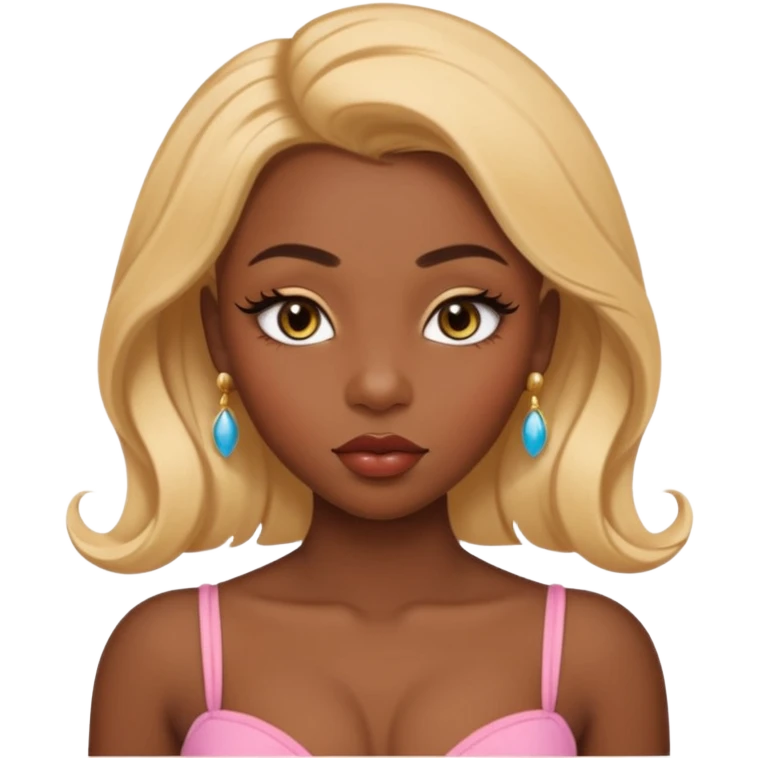 darkskin female with eyebrows that are naturally shaped and frame eyes well, eyes that are almond-shaped with defined lashes. nd lips are full with a defined cupid’s bow, add also a septum piercing that adds an edgy, stylish flair. a middle-part, honey blonde bust-down with laid baby hairs emoji