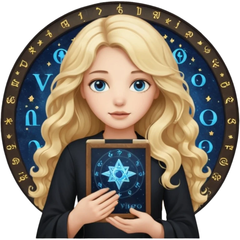 A long wavy haired blonde girl with blue eyes, wearing black, holding astrology chart with Virgo symbol  emoji