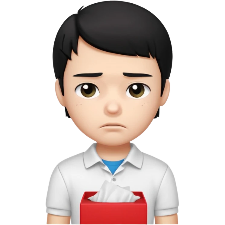 generate a pretty bratz boy with black hair, wearing a white polo shirt. Looking sad, holding a box of tissues emoji