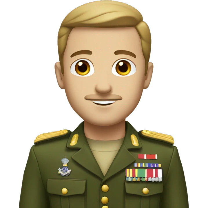 White man with brown side part and a small moustache with a green military uniform emoji