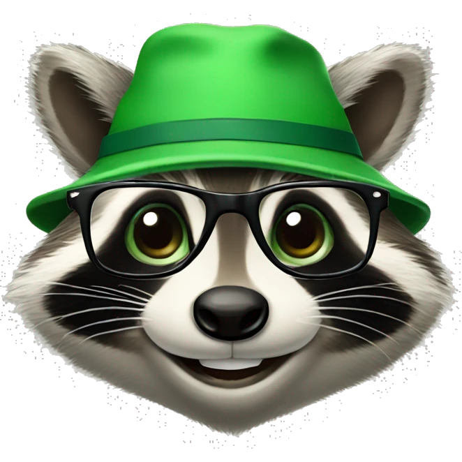 smiling friendly raccoon wearing green hat with read glasses on hat   emoji