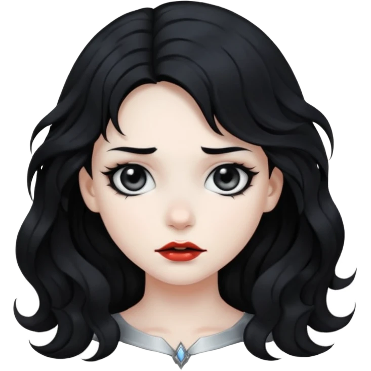 Crea una ragazza con stile black metal, capelli neri mossi dalle spalle e occhi bianchi emoji