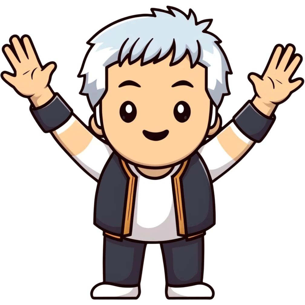 legendary film director with white hair, raising both hands dramatically, expressive face emoji