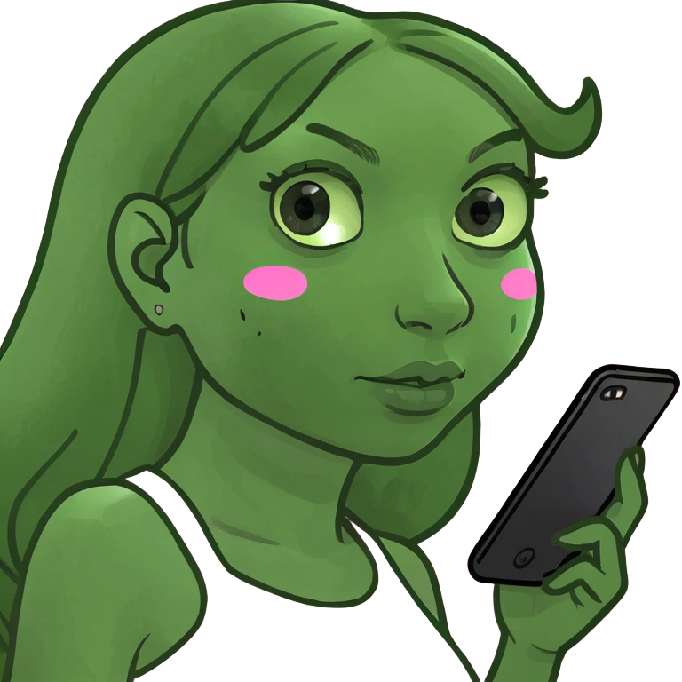 girl scrolling on pink cell phone emoji