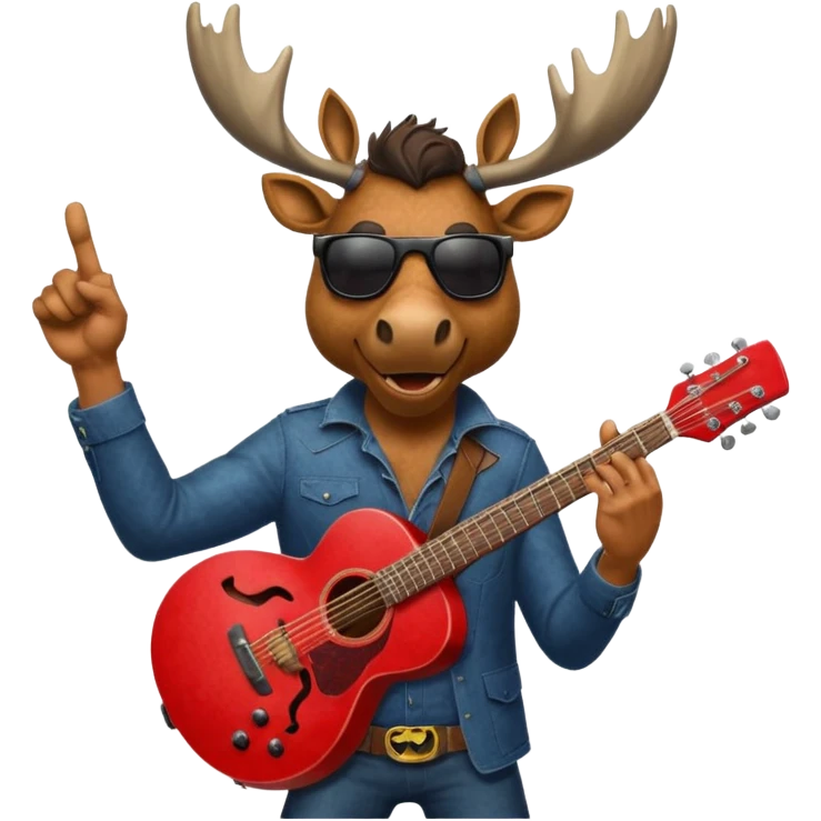 A man with a moose head in alaska pointing a red guitar directly up in the air. Make the graphics gritty and realistic like the moose man is a villian in a high budget batman movie. emoji