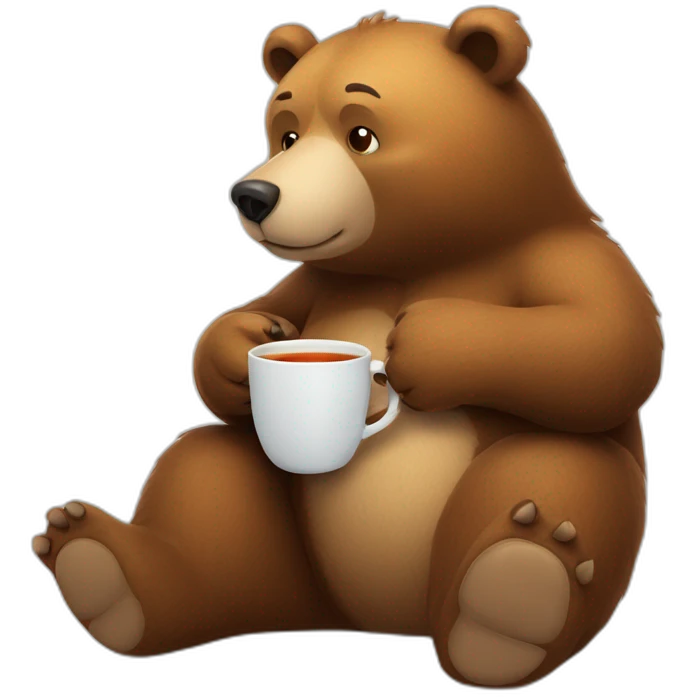 A cartoony bear sitting on floor with a cup of tea motioning for viewer to sit next to him emoji