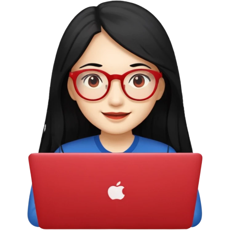 filipino long hair black fair skin with red eyeglasses freelancer with MacBook, smiling. emoji