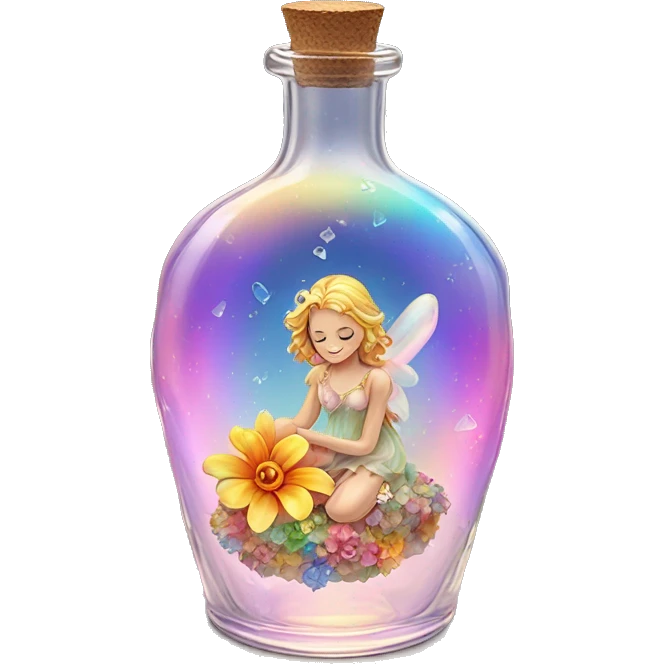 Antique oil heart bottle made of crystal glass of all gentle colors of the light rainbow, a living flower fairy sits at the bottom of the bottle emoji