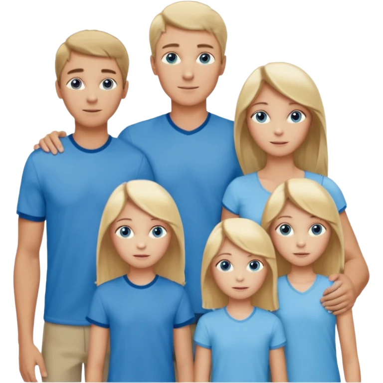 Familie: alle blauäugig, lang und schlank, Vater, Mutter( blond), zwei Mädchen( , 18-jährige hat braune Haare, 13 jährige hat blondes Haar), 2 Jungs( 9 und 6, der 9 Jährige hat dunkelblondes/braunes Haar, große blaue Augen, der 6 jährige ist hellblond und ziemlich frech).  emoji