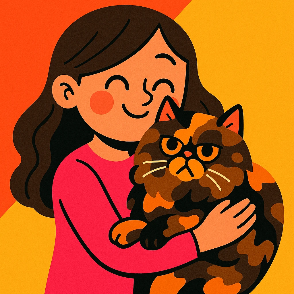 brunette girl holding a tortoiseshell Persian cat close, cartoon style, affectionate and soft emoji