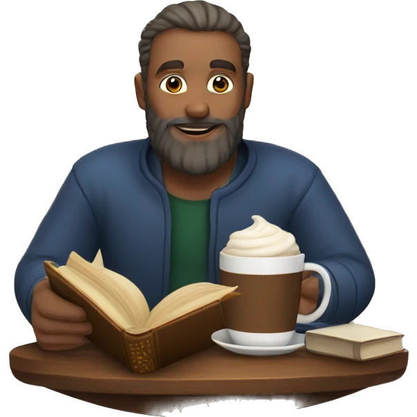 A man with a beard drinking hot cocoa with a book emoji