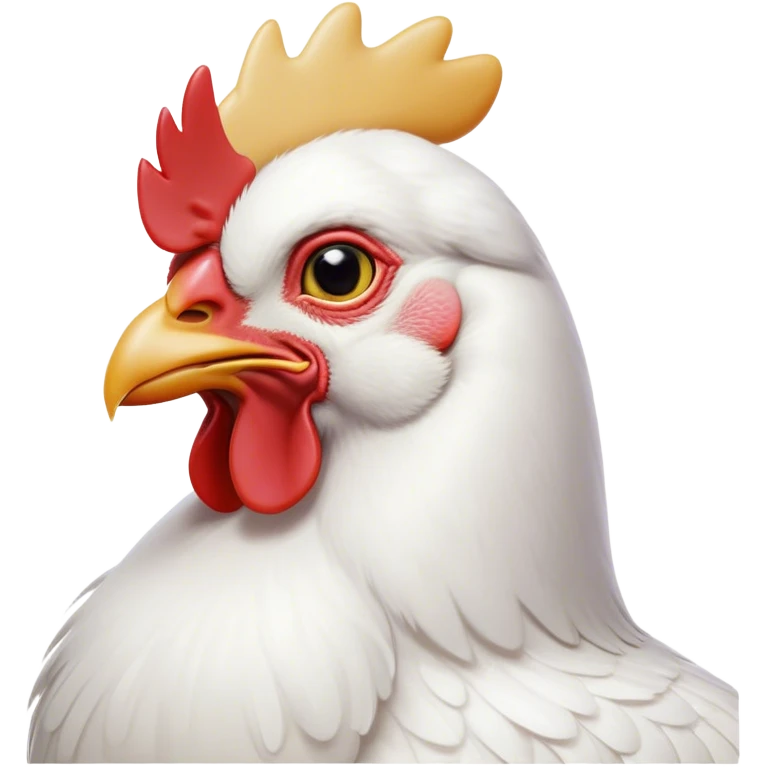 Cinematic Noble White Chicken Portrait Emoji, Poised and regal, with a compact, sturdy build and a pristine, well-groomed pure white plumage, deep-set soulful beady eyes, Simplified yet sharp and sophisticated features, highly detailed, glowing with a soft, dignified glow, high shine, intelligent and alert, stylized with an air of barnyard elegance, focused and attentive, soft glowing outline, capturing the essence of a watchful and confident fowl, so majestic it feels as though it could strut out of the screen with effortless authority! emoji