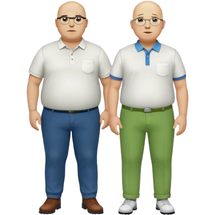 two guys, the first guy is white bald have glases a white dressshirt with rolled up sleeves and green pants he is over weight, The second guy has a yellow skin white golf shirt blue jeans and bald they should stand next to eachother they are both really fat  emoji