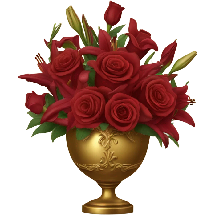 A Baroque-style still life with a bouquet of deep red roses and lilies in a gilded vase, draped in velvet fabric emoji