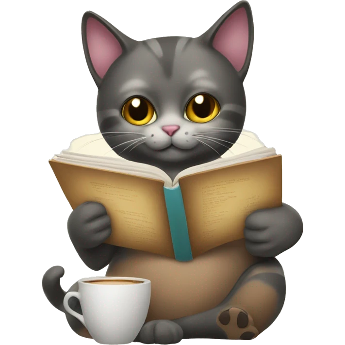 cat holding a cup of coffee and reading a book emoji