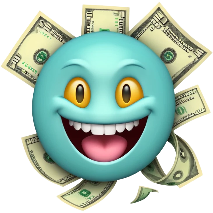 3D glossy emoji sticker, dollar-sign eyes, huge toothy grin, mouth stuffed with US dollar bills spilling out, floating banknotes, centered, solid chroma green background emoji