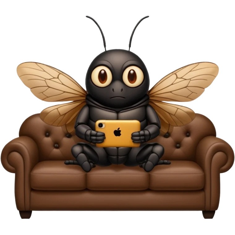 Black Cicada cartoon style watching on a phone sit on a brown sofa  emoji
