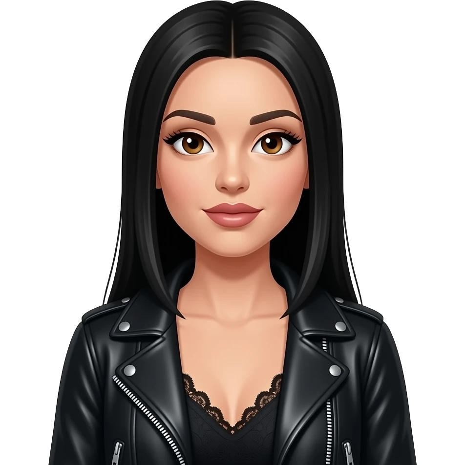 Beyaz tenli siyah uzun düz saçlı çok hafif çekik gözlü kahverengi gözlü uzun kirpikli üzerinde siyah dantelli kıyafet var üstünde deri ceket dudakları kalın büyük soğuk tonlarda makyaj olsun yüzünde pürüzsüz bir cildi olsun emoji