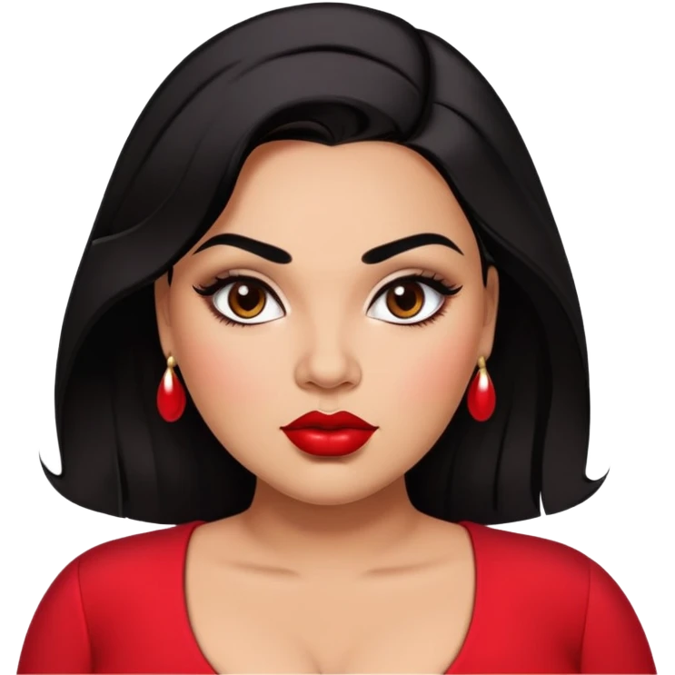 Glamorous full-figured young woman with defined features, brown skin, expressive dark eyes, thick eyebrows, full lips with red lipstick, sleek black hair, slightly plump, wearing a red blouse emoji